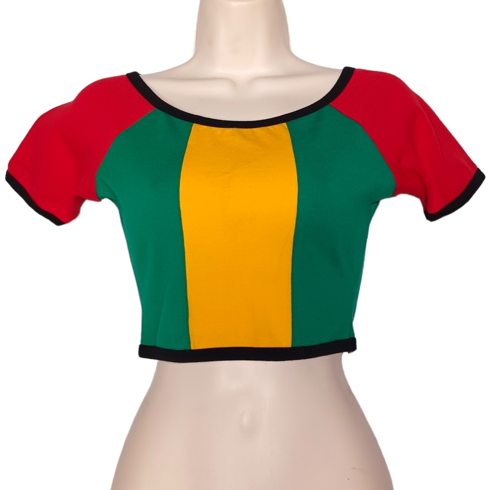 L.A MOVERS Red Yellow Green Colorblock Short Sleeve Stretchy Crop Top Medium NWT